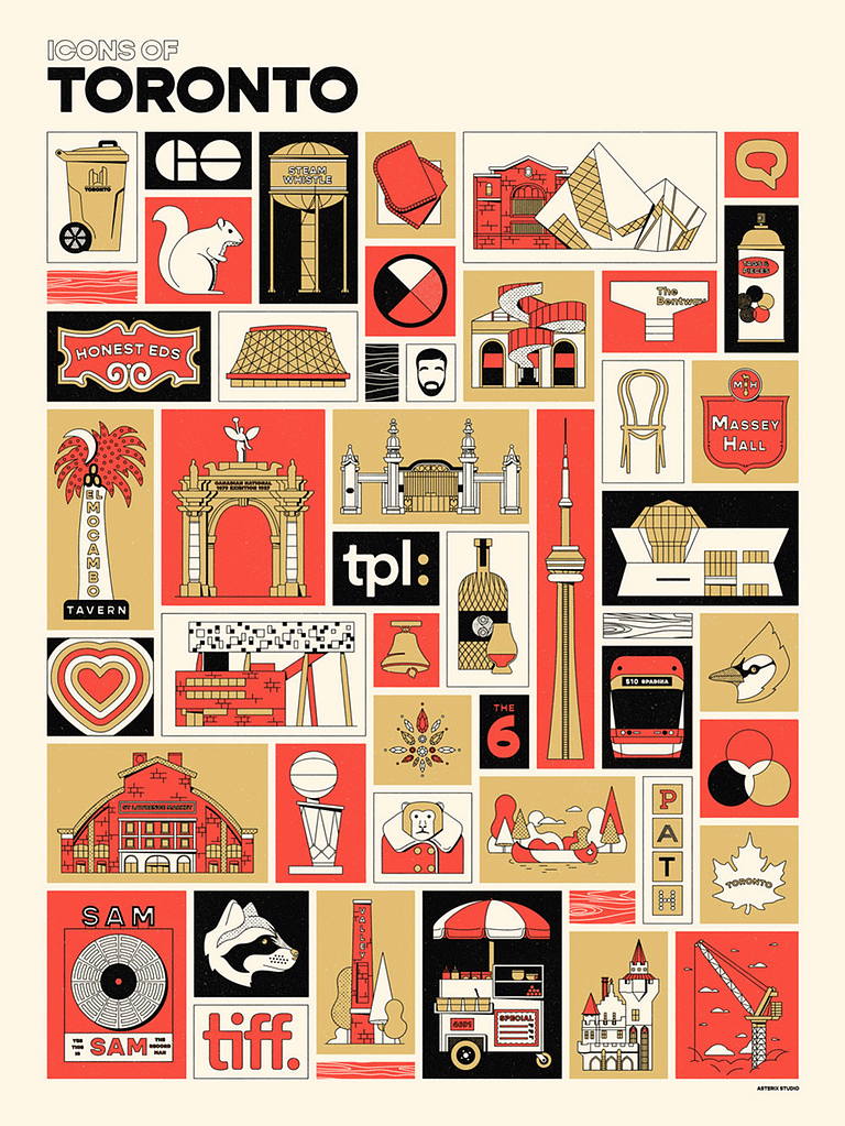 Black, red and gold illustrated poster featuring countless icons of Toronto city