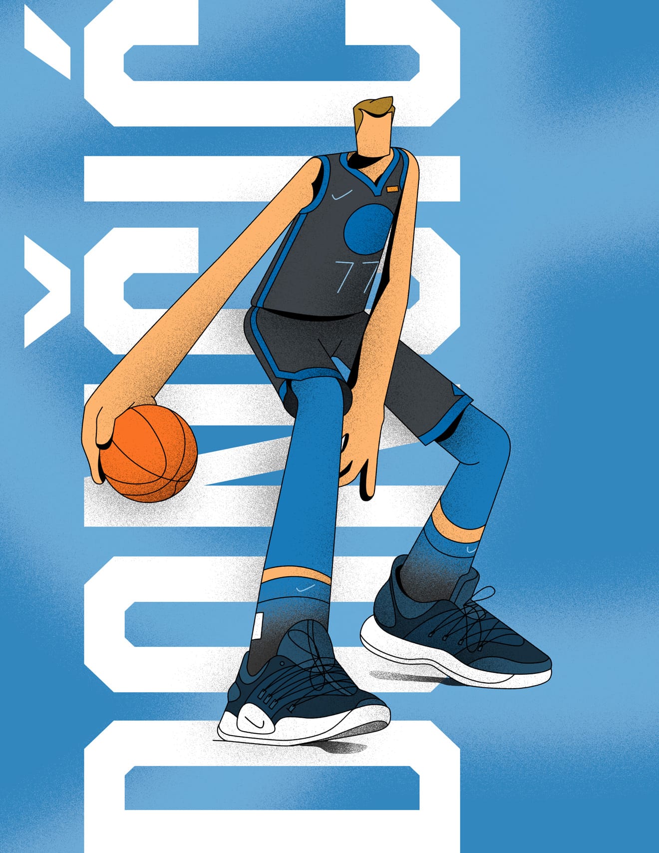 Illustration of basketball player, Luka Doncic, dribbling