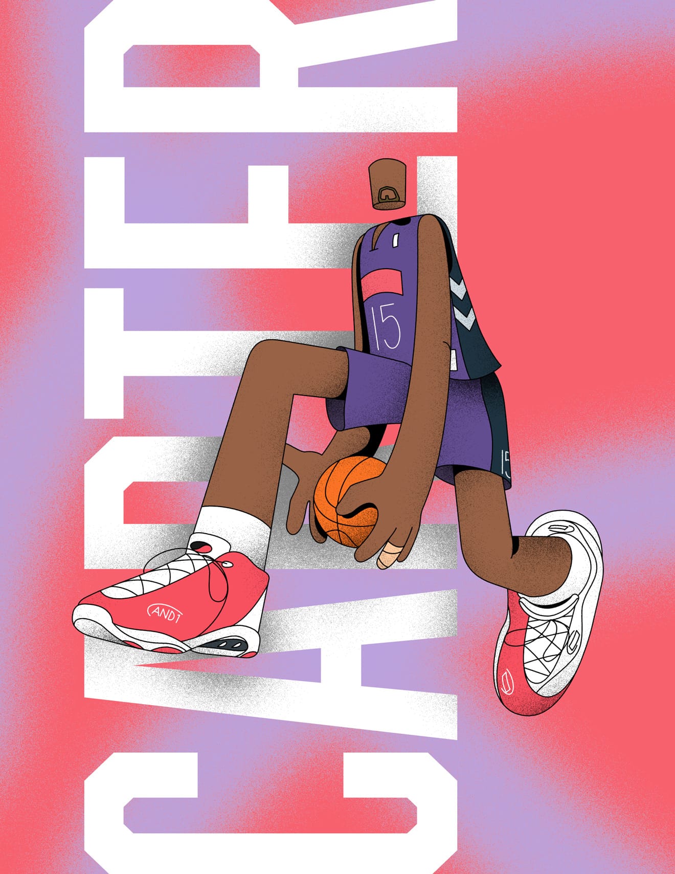 Illustration of basketball player, Vince Carter, mid-dunk