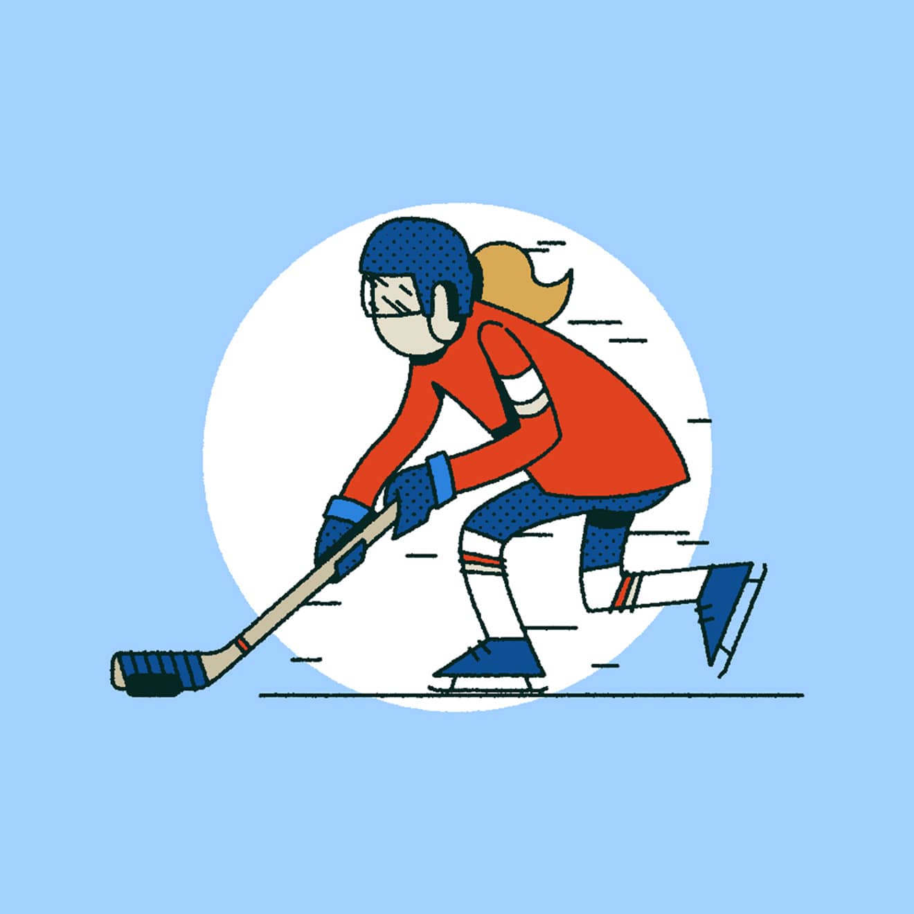 Blue, Red, White & Beige illustration of a woman playing hockey