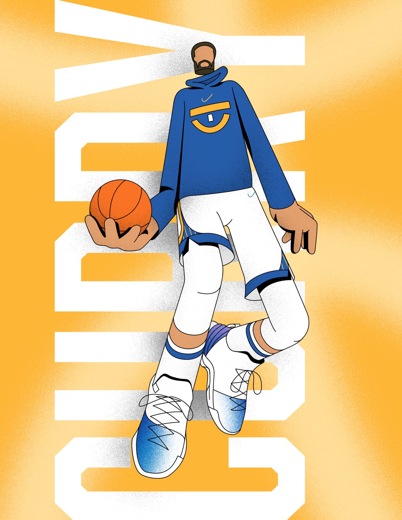Illustration of basketball player, Steph Curry, mid-dunk