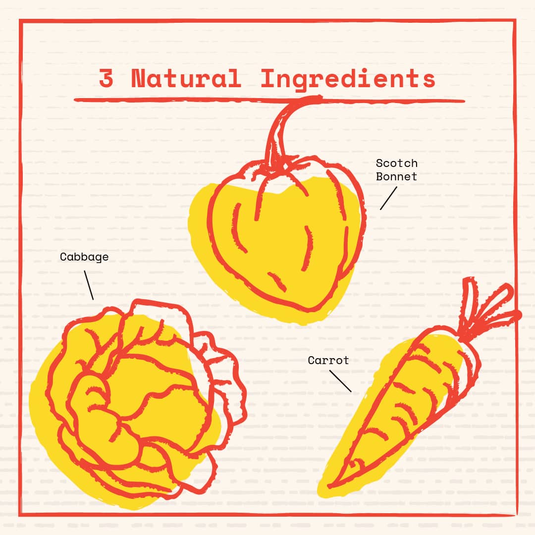 Yellow and red illustration of a head of cabbage, scotch bonnet pepper and carrot. The title reads 3 natural ingredients