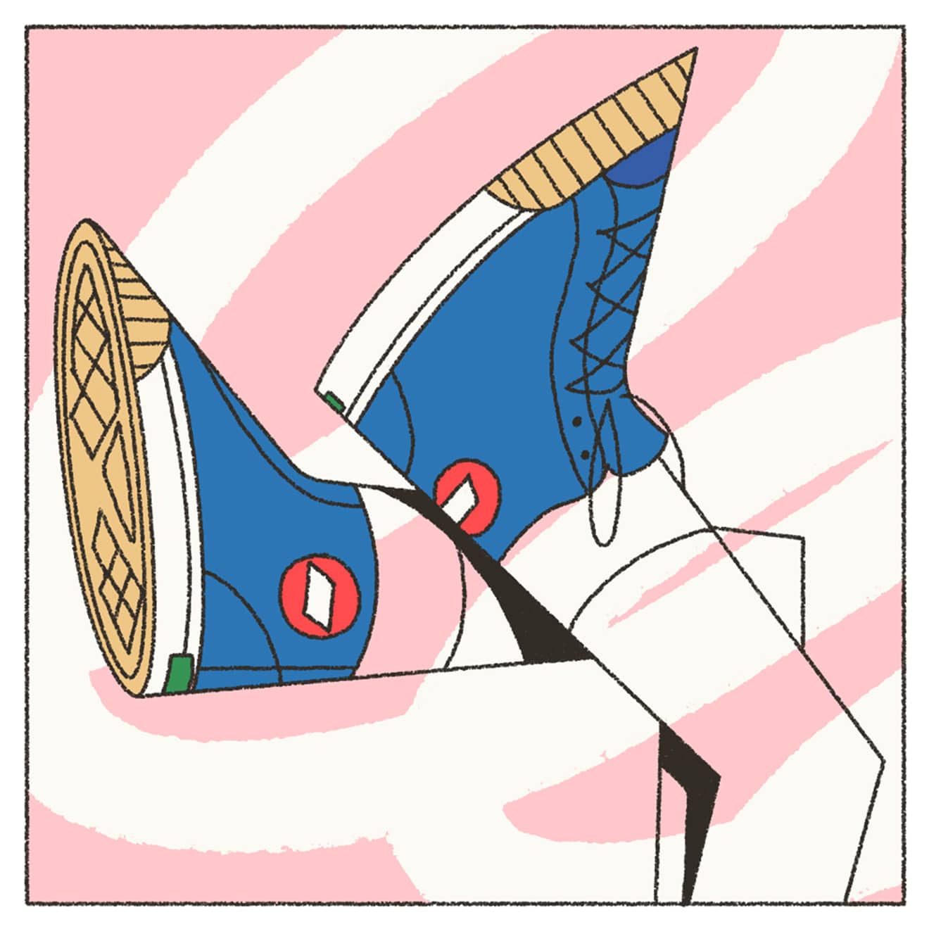 Pink, blue and beige illustration of PF Flyer sneakers
