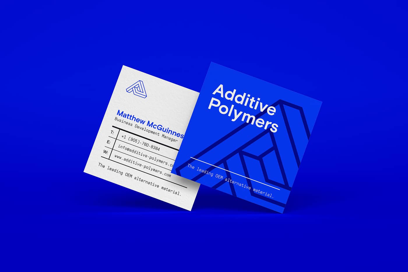 Bright blue and white business card for Additive Polymers. Reads: Matthew McGuinness