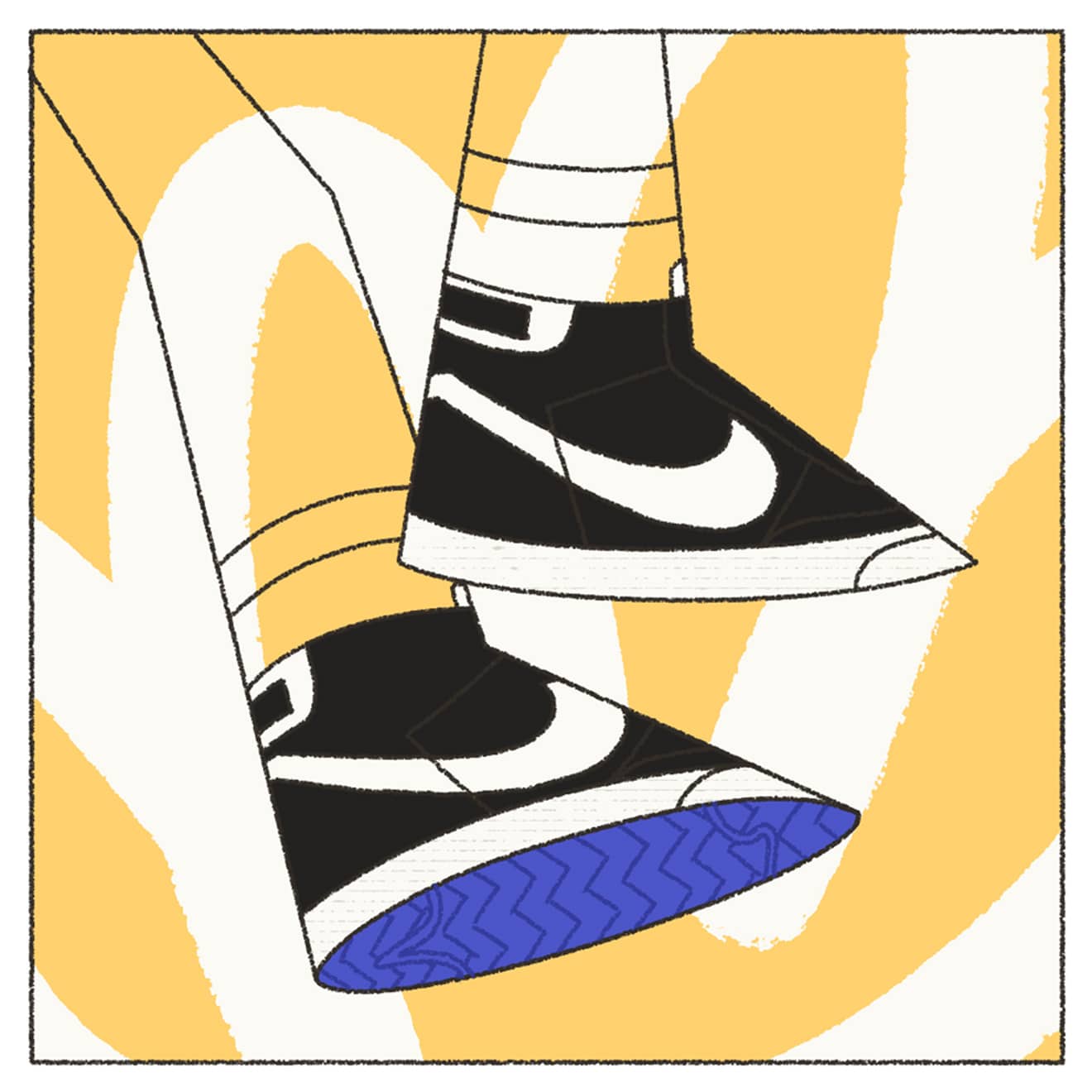 Black, white and yellow illustration of Nike Blazer SB sneakers