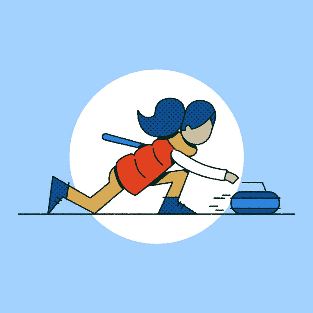Blue, Red, White & Beige illustration of a woman curling