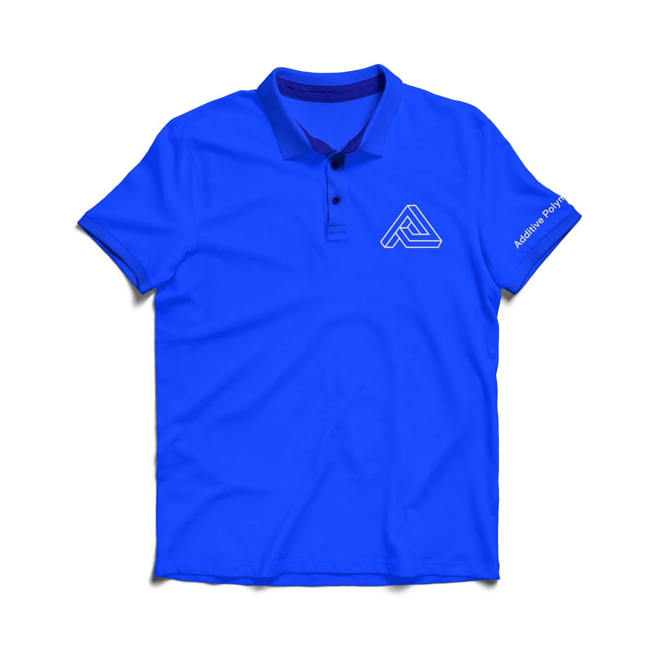 Bright blue polo shirt with a geometric A logo atop the breast