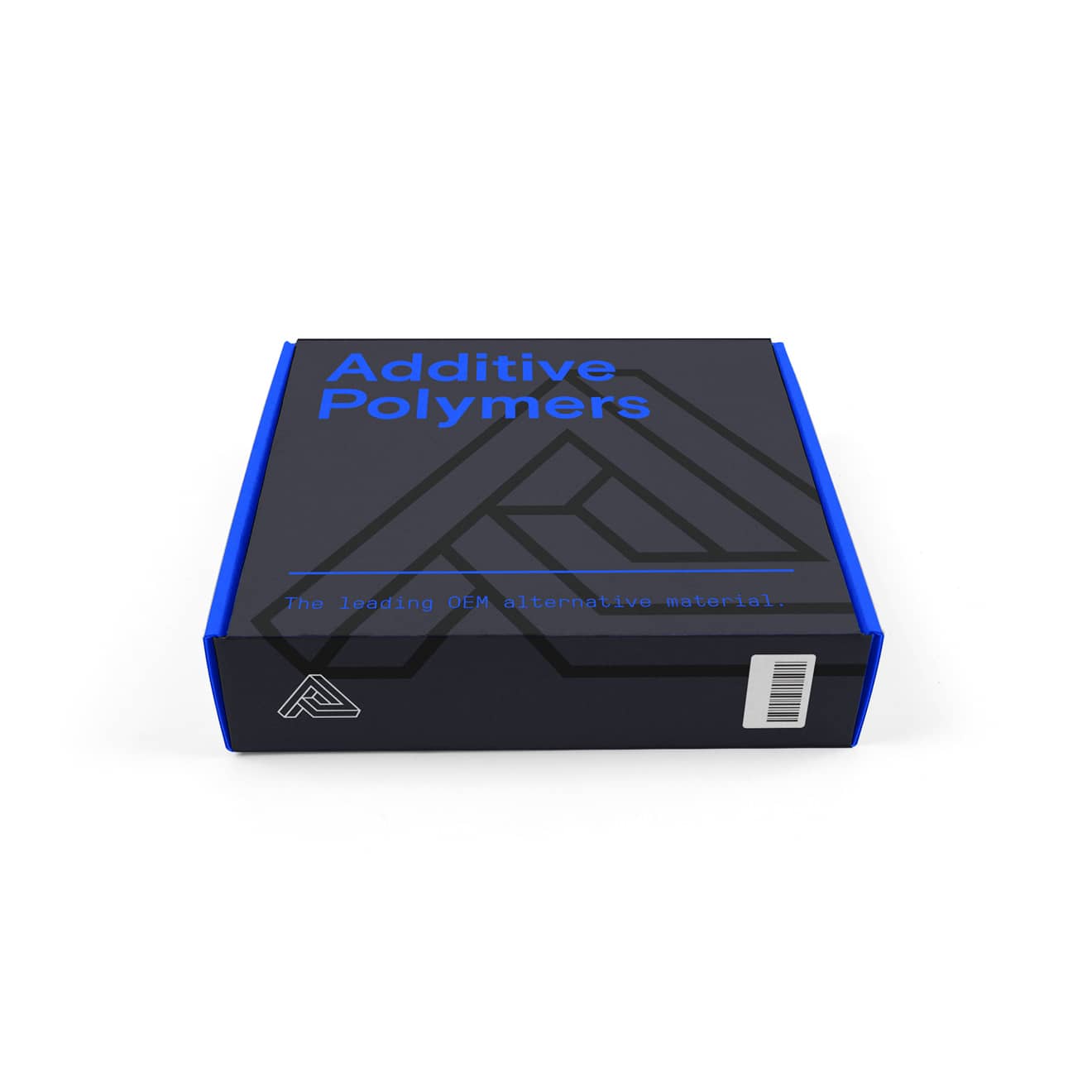 Bright blue and black box packaging for an Additive Polymers spool