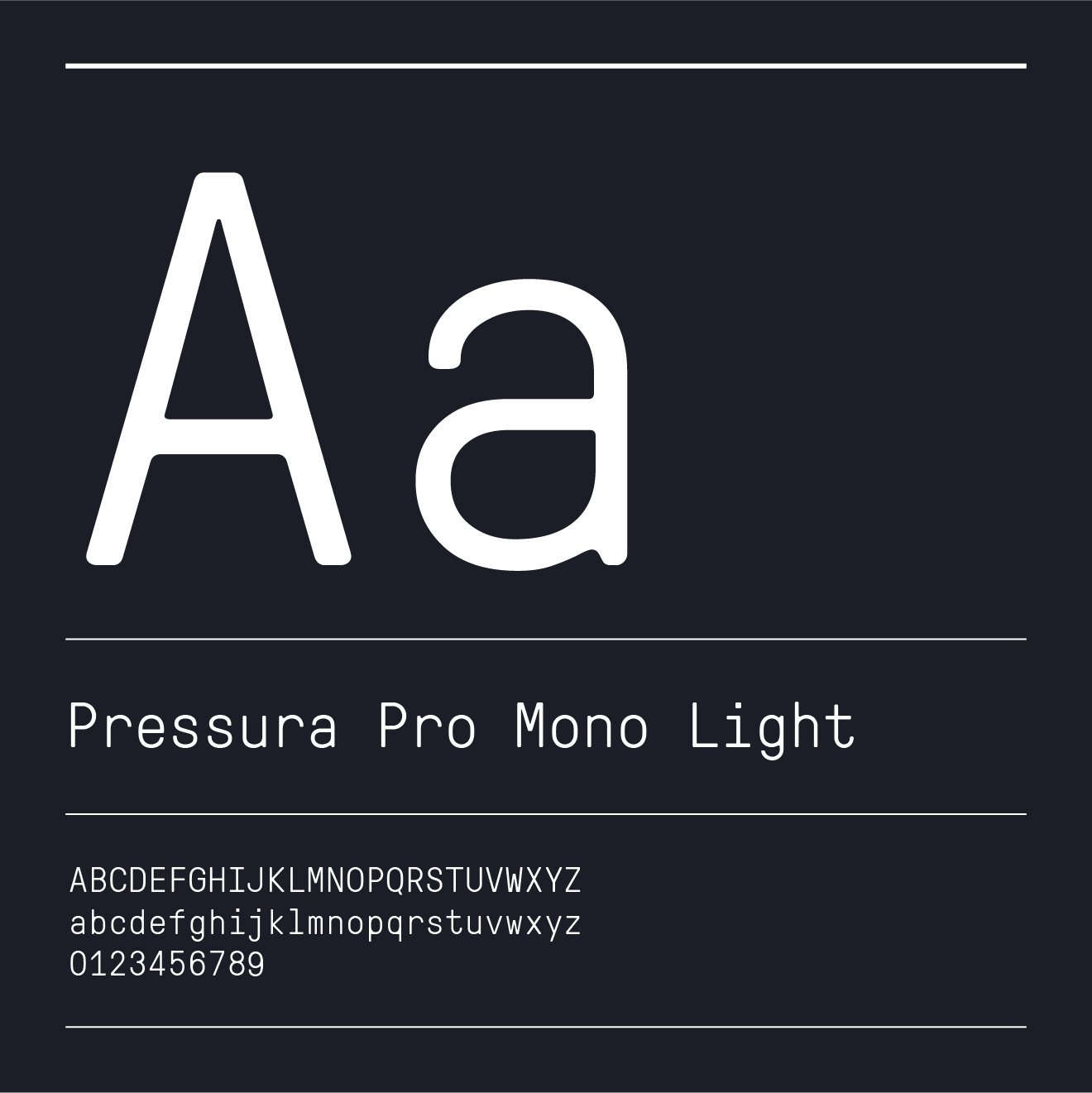 White text of the letter A over a black background in Pressura Pro Mono Light font