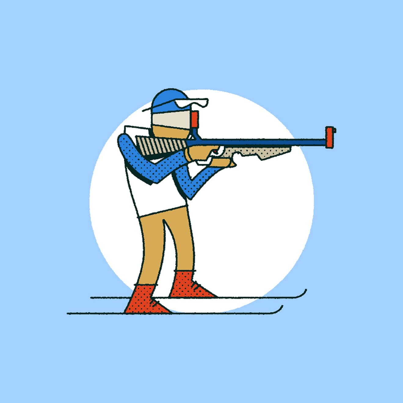 Blue, Red, White & Beige illustration of a person sport shooting
