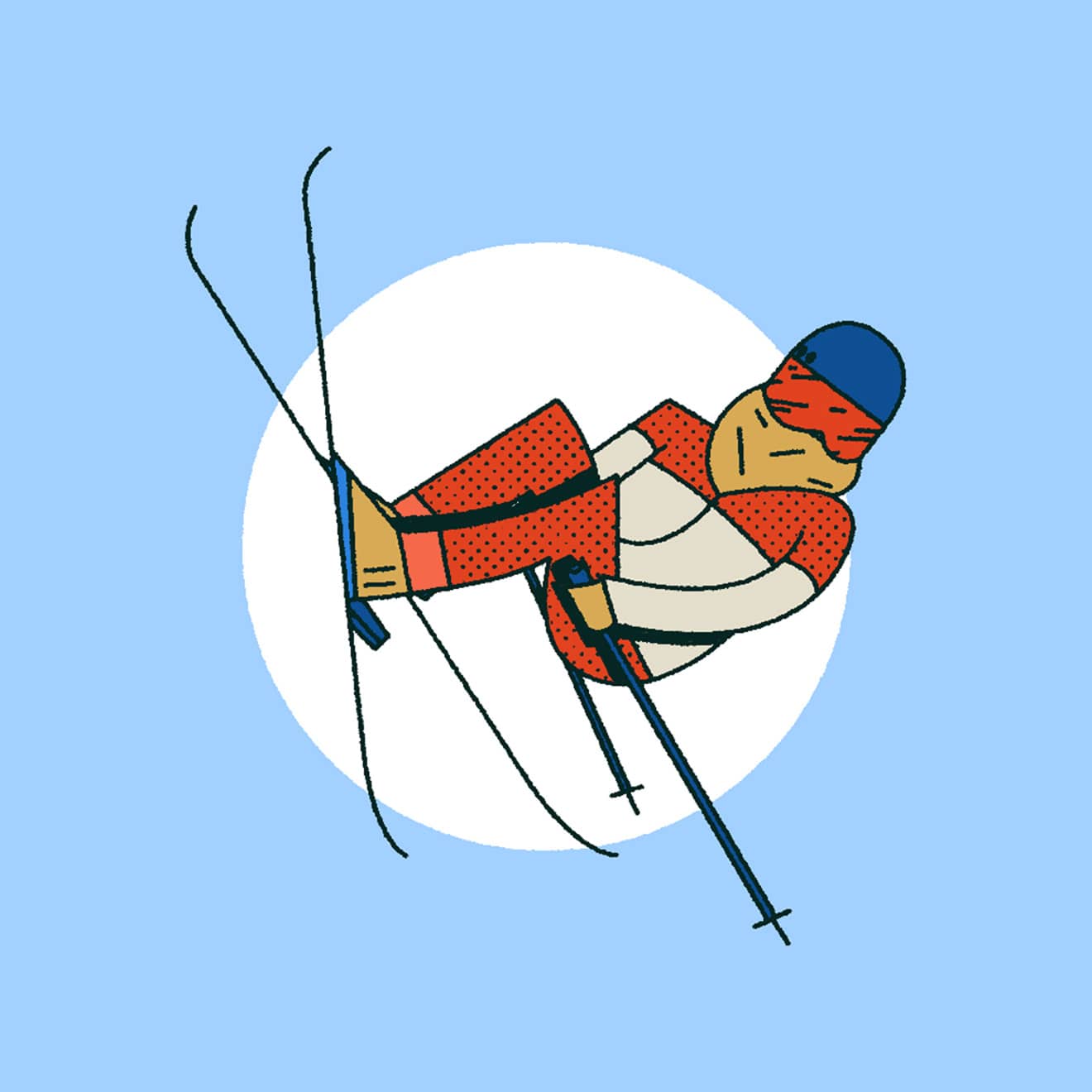 Blue, Red, White & Beige illustration of a person freestyle ski jumping