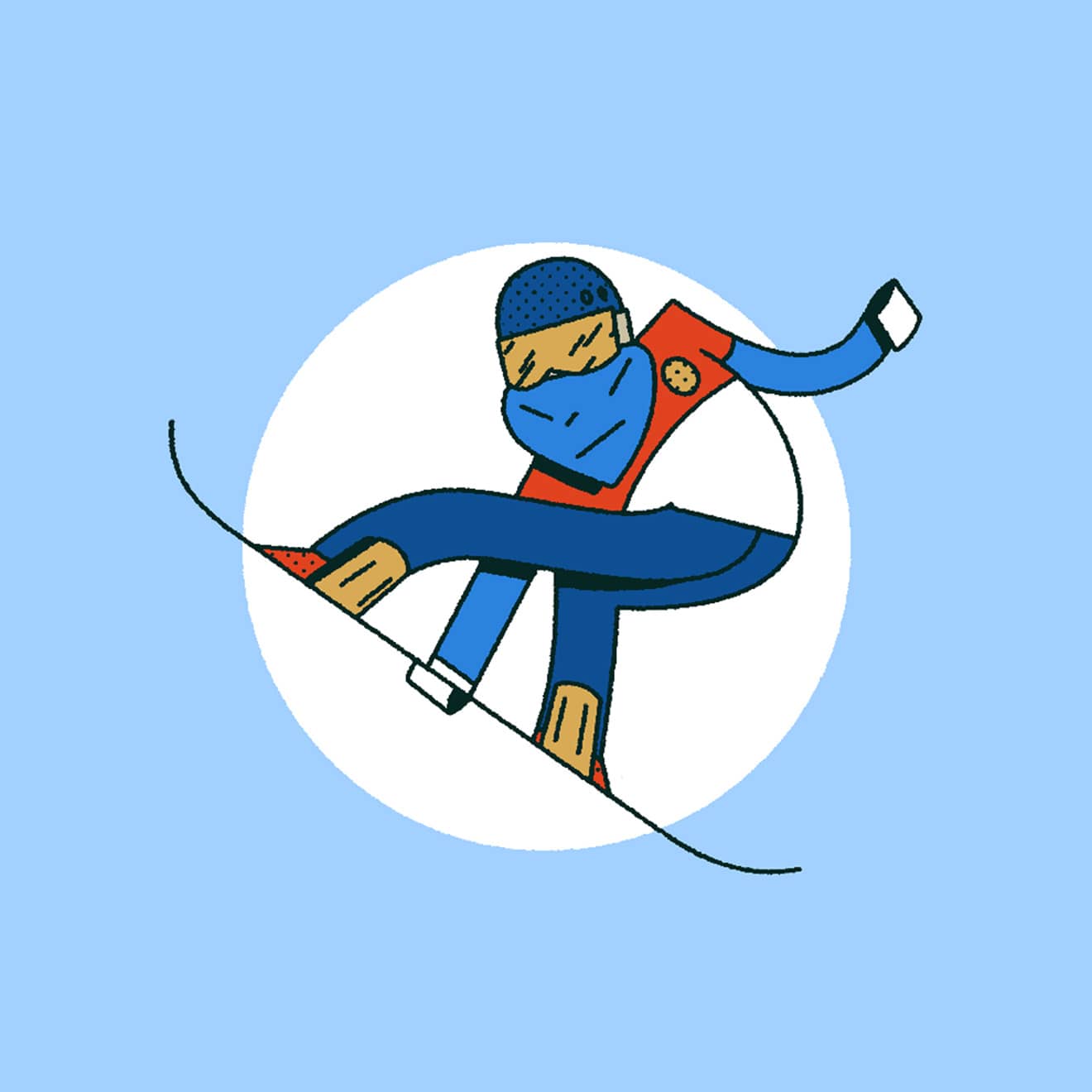 Blue, Red, White & Beige illustration of a person snowboarding